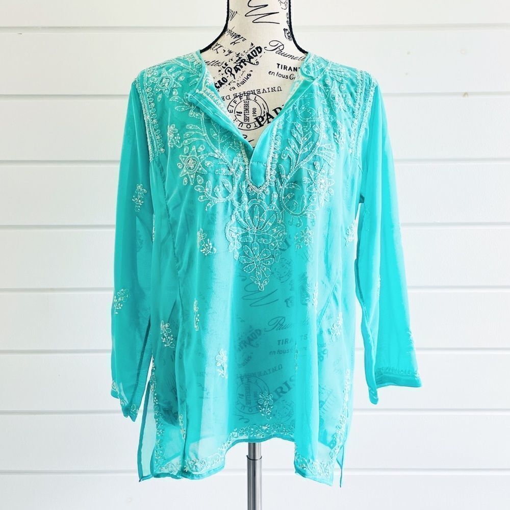 Womens Handmade Silk Embroidered Blouse Top Aqua and White Size Large